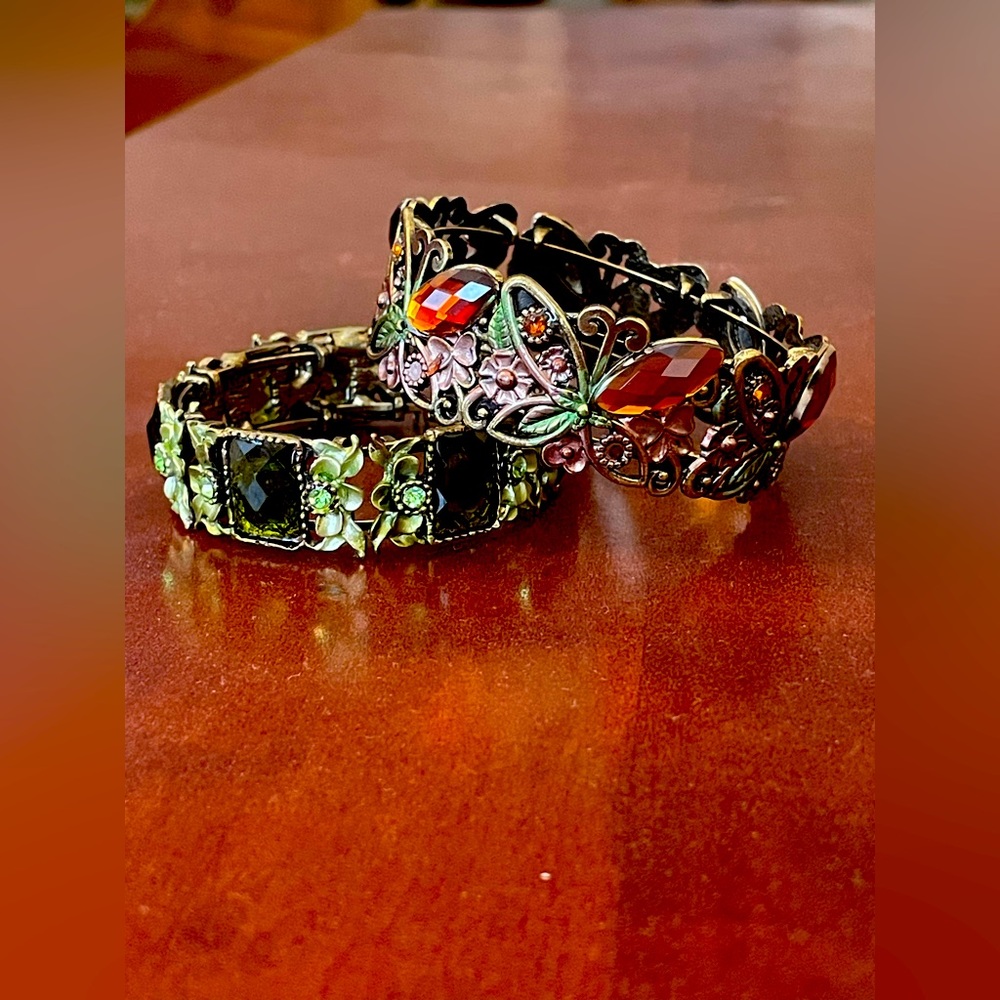 Set of Two Brass Green and Brown Bracelets